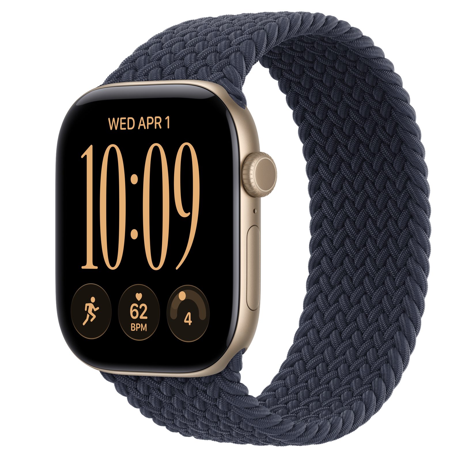 Apple Watch Series 12 (GPS + Cellular) • Aluminiumboett ljust guld, 46 mm • Flätad sololoop marinblå