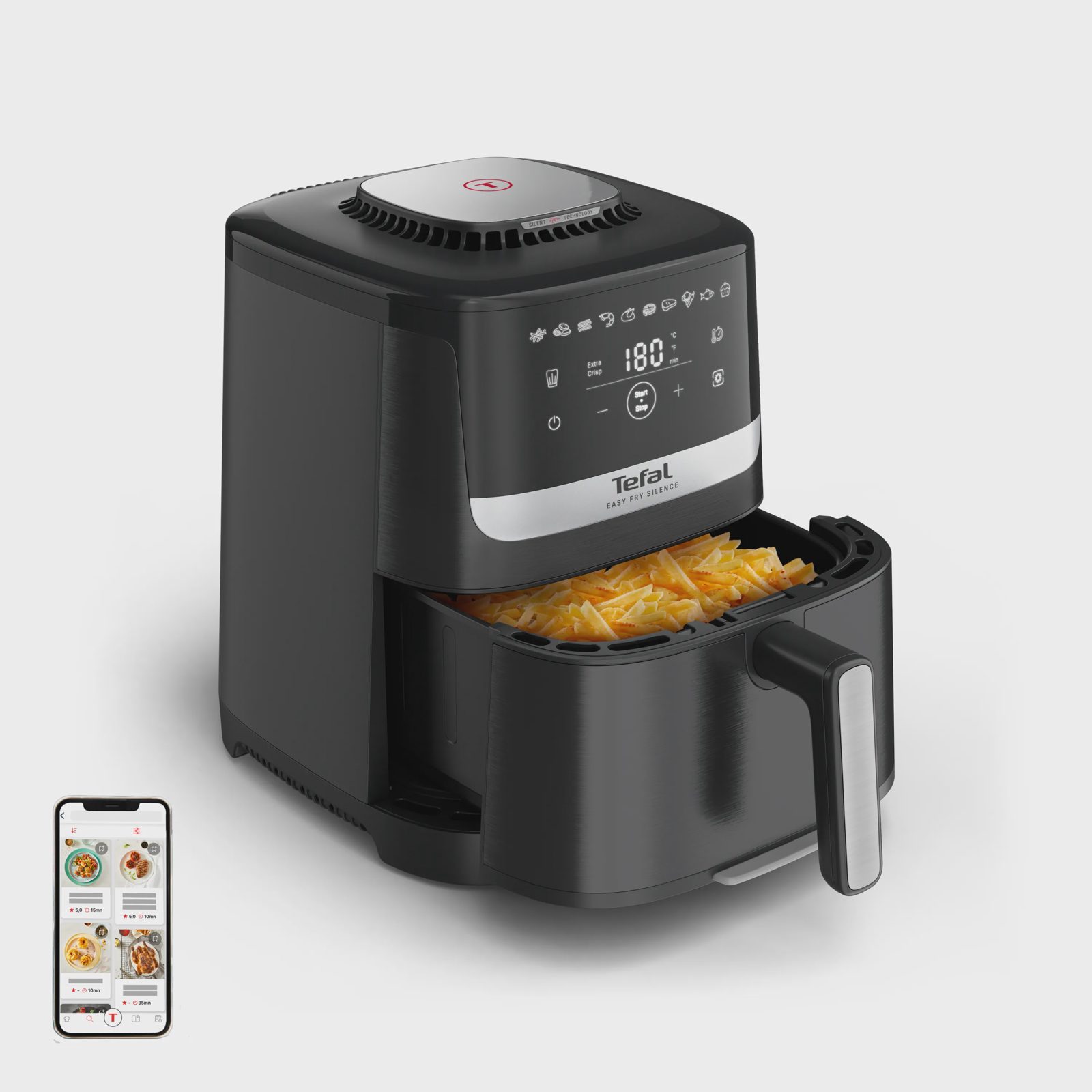 Tefal Easy Fry Silence EY5528E0, Varmluftsfritös, 5 l, 40 ° C, 220 ° C, Single, Svart, Rostfritt stål