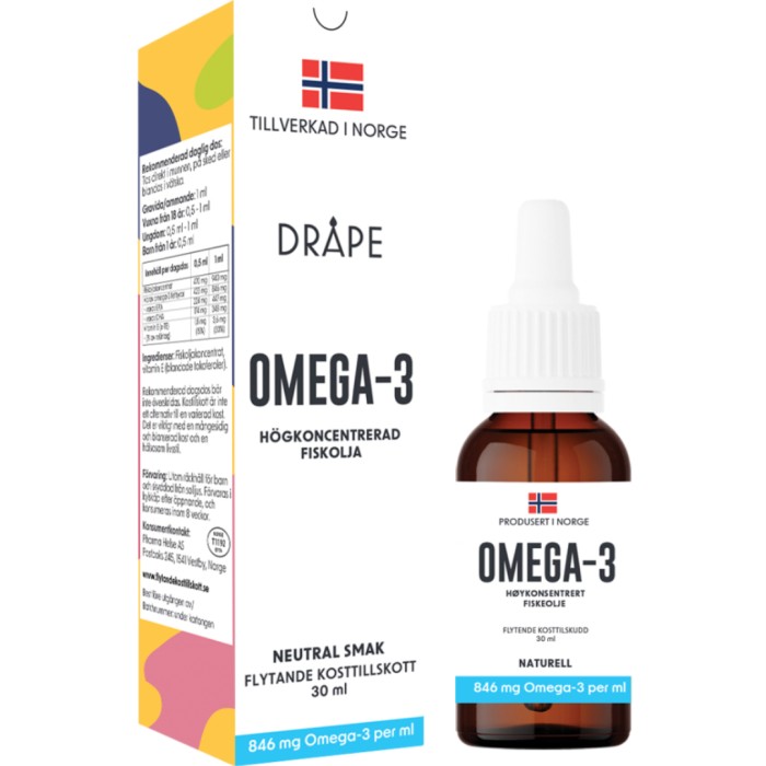 Dråpe flytande Omega-3 droppar neutral, 30 ml