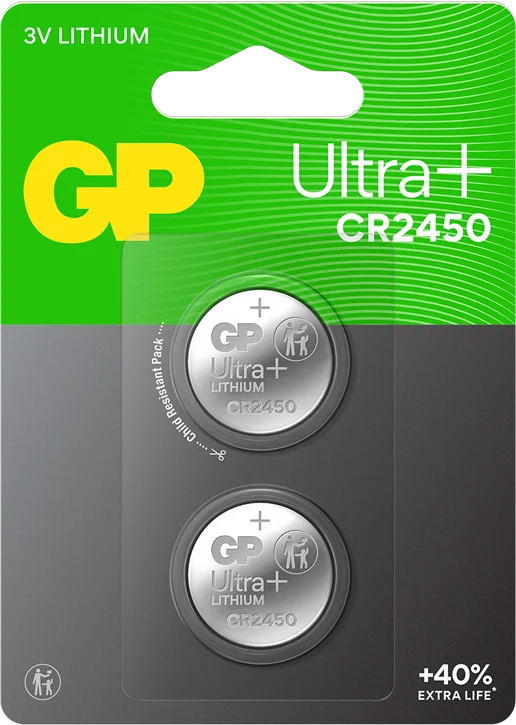 GP Ultra Plus Lithium Cell Battery CR2450, 3V (2-pack)