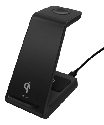 Deltaco 3-i-1 Trådlös Laddare, 15W, USB-C, Qi - Svart