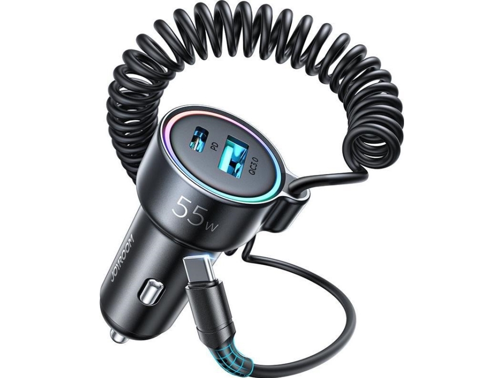 Joyroom 3-i-1 snabb billaddare med USB Type C-kabel 1.5 m 55W svart (JR-CL07)
