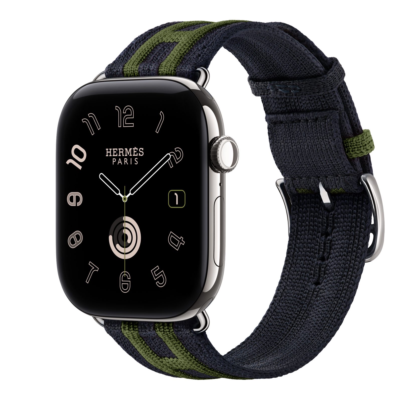Apple Watch Hermès Series 12 (GPS + Cellular) • Titanboett silver, 46 mm • Rocabar Club i Bleu Nuit/Vert