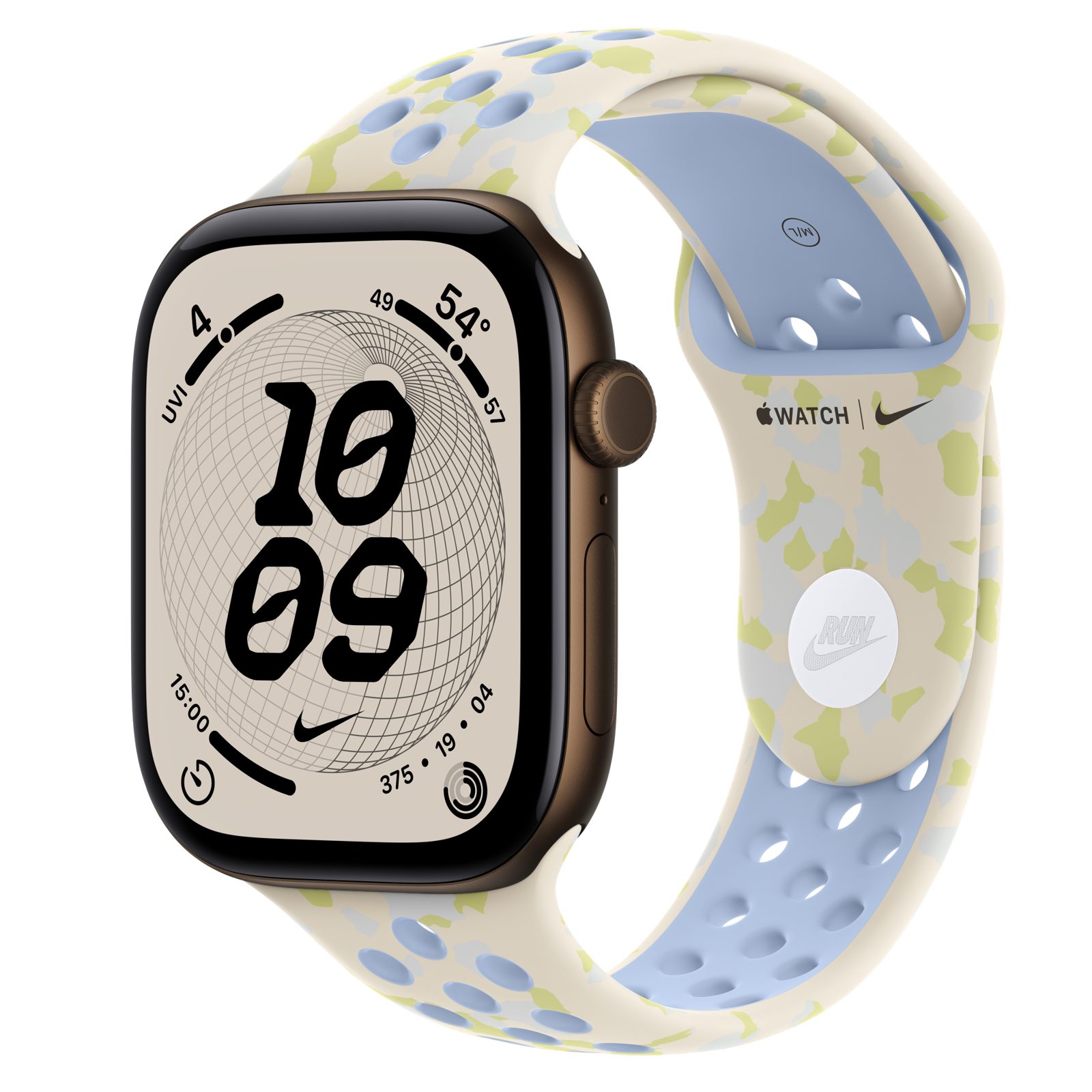 Apple Watch Series 12 (GPS) • Aluminiumboett mörk brons, 46 mm • Nike-sportband i Chalk Calm