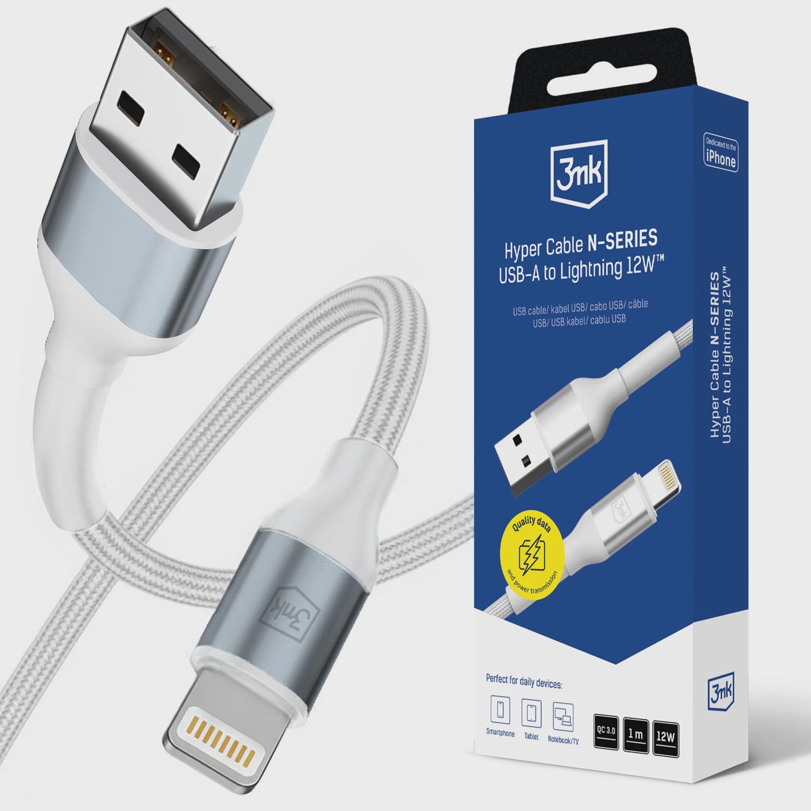 3mk Hyper Cable N-SERIES USB-A / Lightning 1 m QC 3.0 5 V/2,4 A 12 W – vit