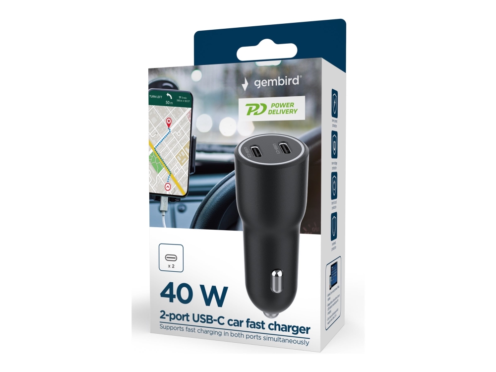 Gembird - Strömadapter för bil - 40 watt - 3 A - PD - 2 utdatakontakter (USB-C) - svart