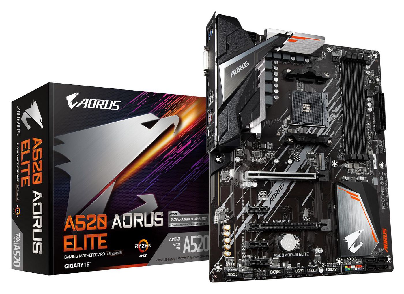 Gigabyte A520 AORUS ELITE, AMD Socket AM4, MicroATX, 4xDDR4, PCIe 4.0, M.2 + SATA3 RAID, DVI/HDMI, USB 3.2, GigaLAN, RGB Fusion 2.0, bild 3