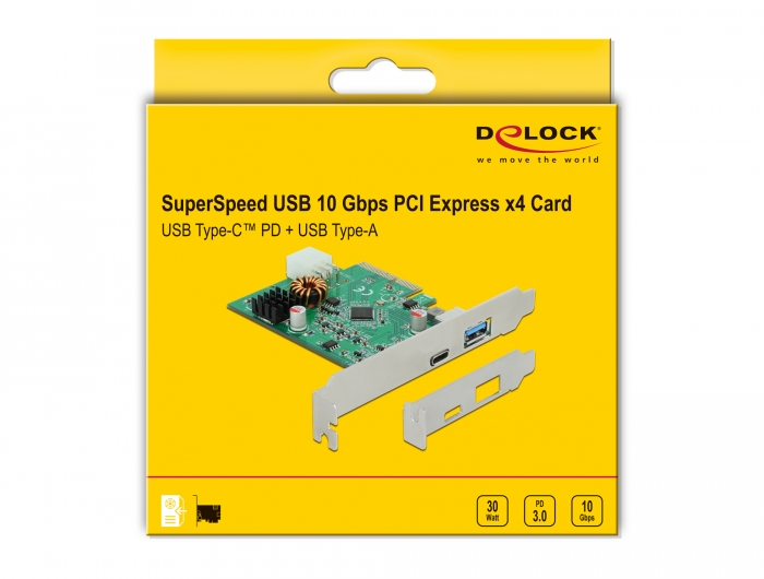 DeLOCK PCI Express x4 Card till 1xUSB-C 30W PD + 1xUSB-A, USB 3.2 Gen2, inkl. Low Profile bracket