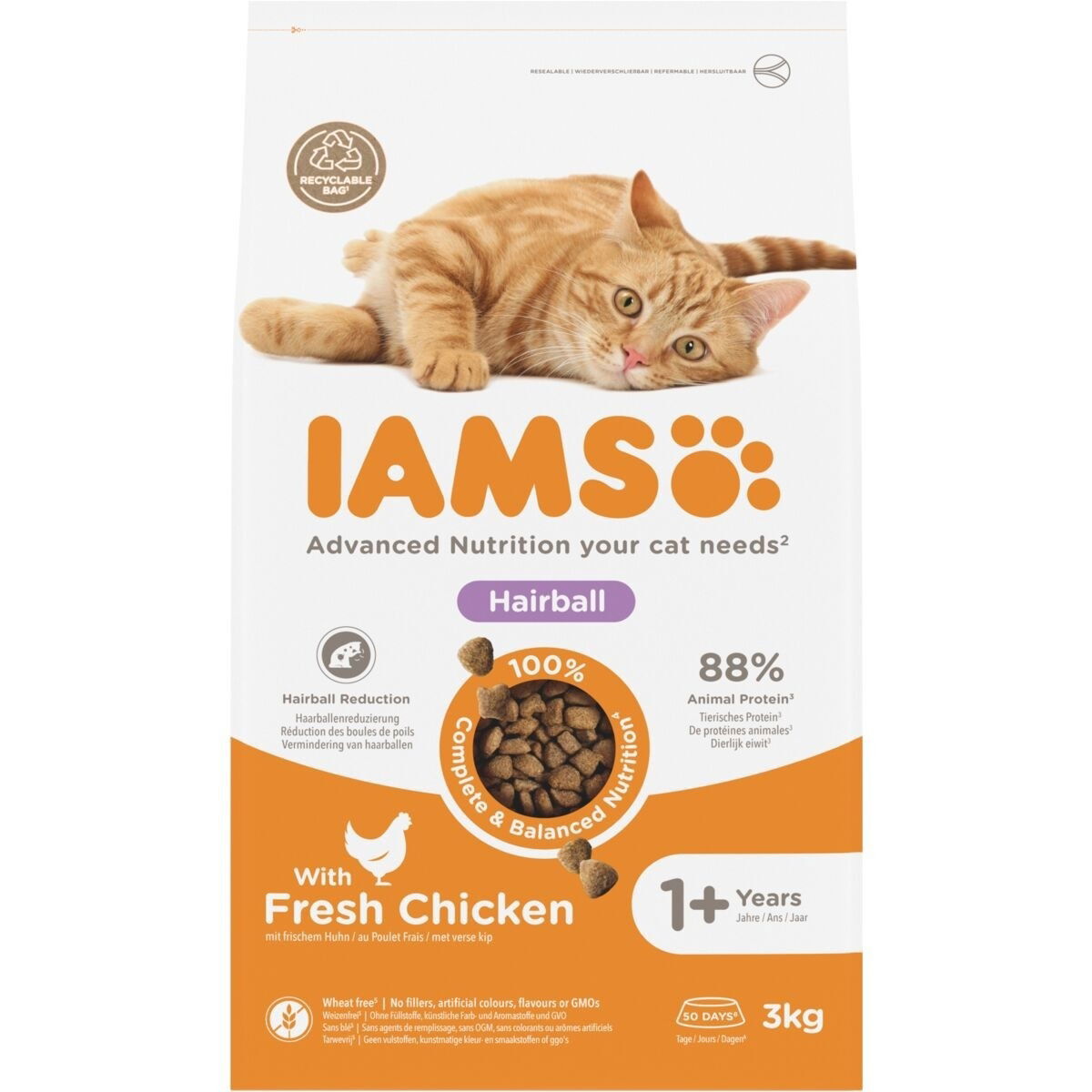 Iams for Vitality Cat Adult Hairball Chicken Torrfoder till Katt 3 kg