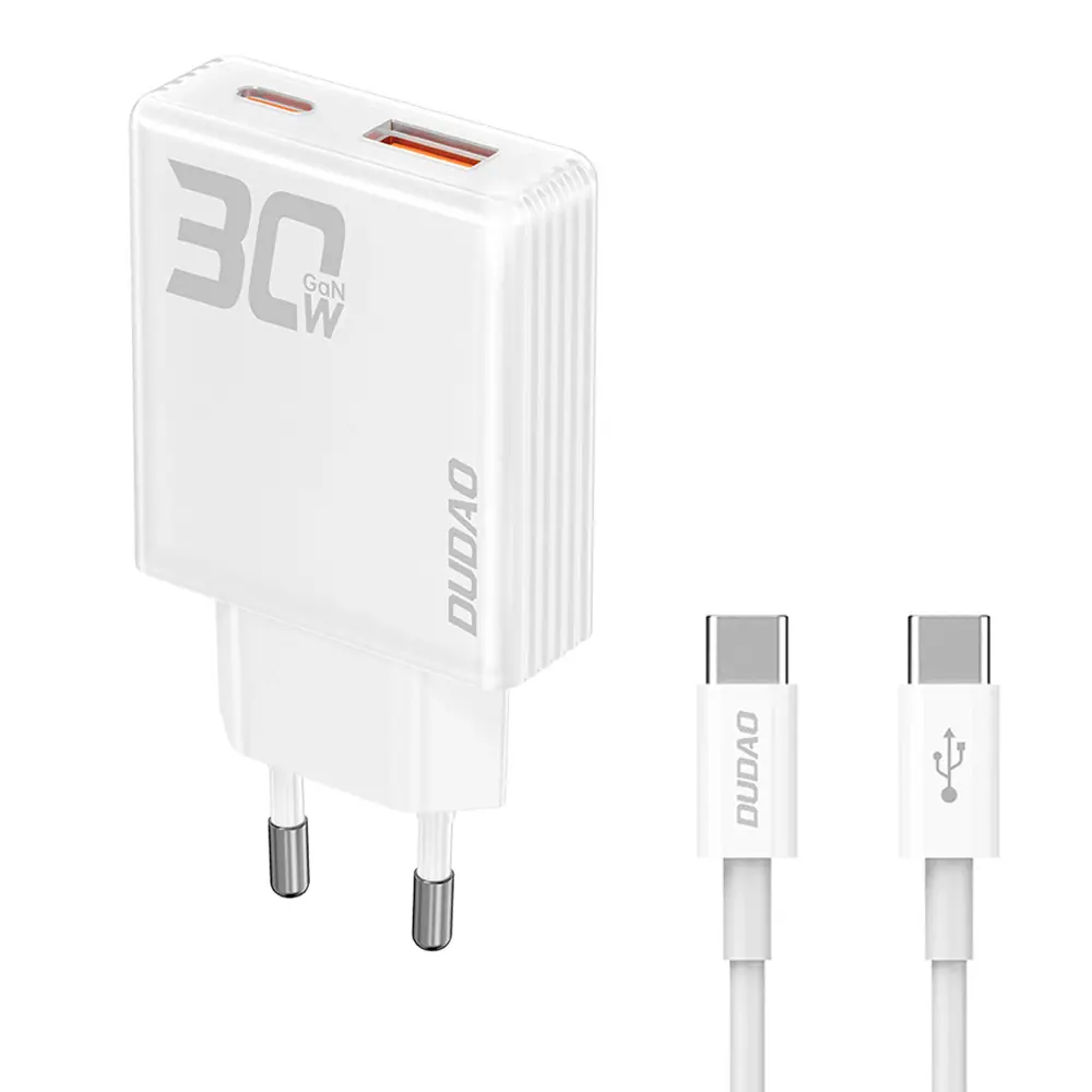 Dudao USB-C GaN Laddare 30W med USB-A, USB-C och USB-C-kabel – Vit
