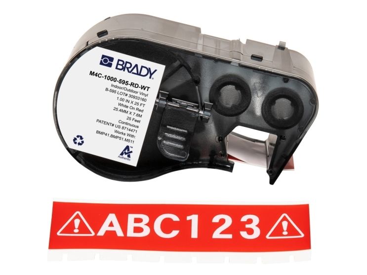 Brady M4C-1000-595-RD-WT, Röd, Vit, Självhäftande skrivaretikett, Kontinuerlig etikett, Vinyl, Termal transfer, Akryl