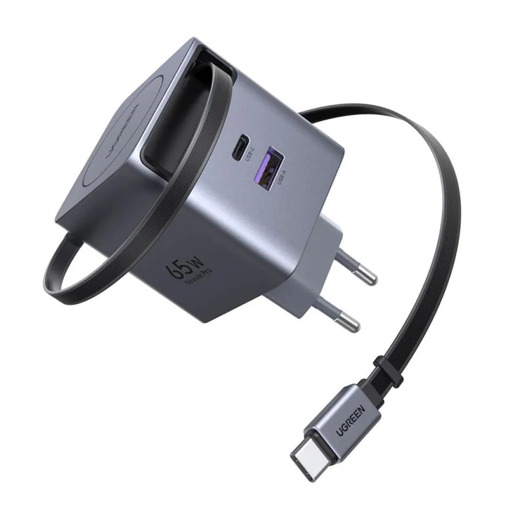Ugreen Nexode 65 W GaN-snabbladdare med utdragbar USB-C-kabel