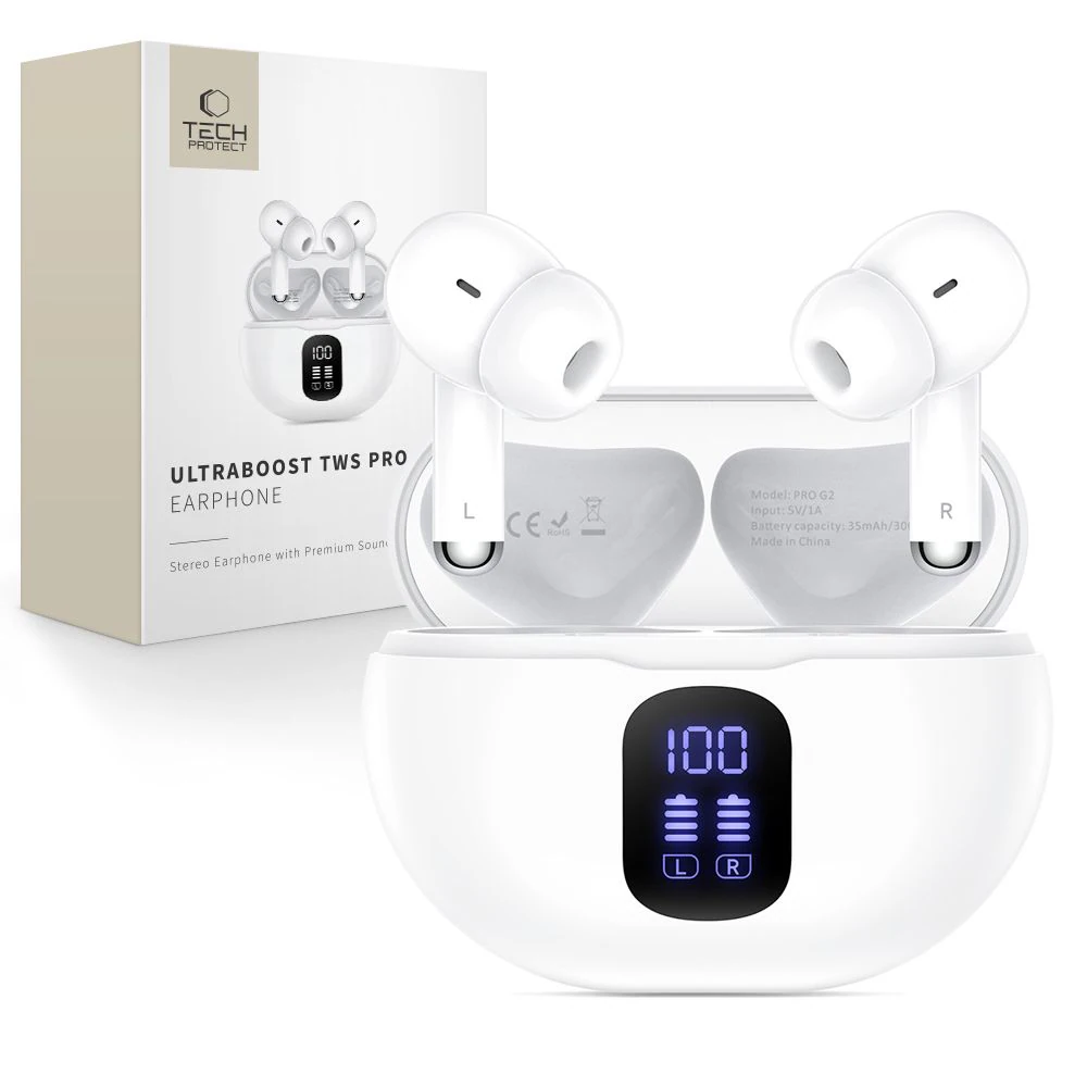 Tech-Protect UltraBoost TWS Pro G2 trådlösa hörlurar in-ear – vit