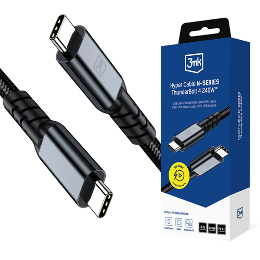 Hurtel Hyper Cable N-Series USB-C / USB-C Thunderbolt 4 2m 240W 40Gb/s 8K60Hz - Svart