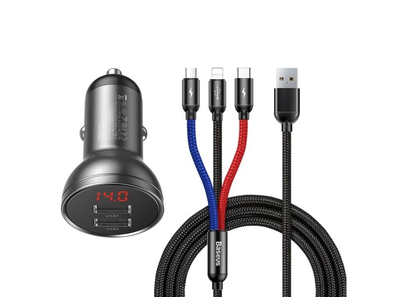 Baseus billaddare med 24W display + 3in1 Baseus Three Primary Colors USB-kabel 1.2m