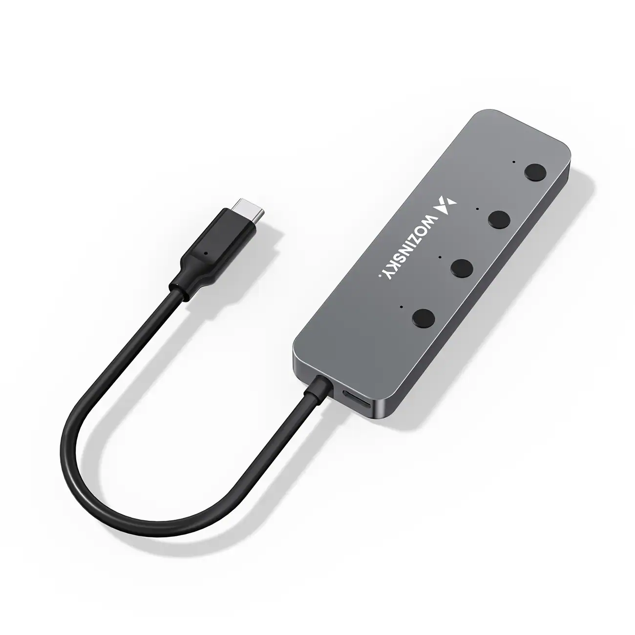Wozinsky WHS080YSS 4x USB-A 3.0-hubb i aluminium m. strömbrytare & 15 cm USB-C-kabel – grå, bild 3