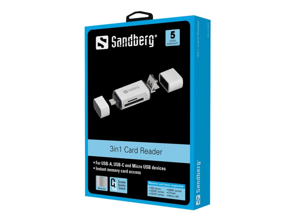 USB-C / USB 3.0 / Micro-USB kortläsare Sandberg, SD / MicroSD