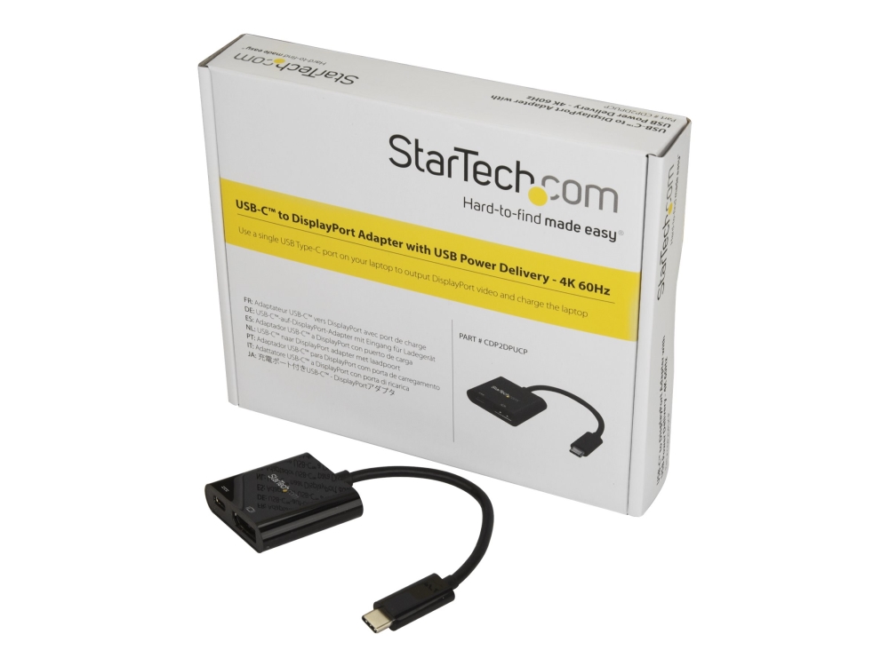StarTech USB C to DisplayPort Adapter with Power Delivery, 4K 60Hz HBR2, USB Type-C to DP 1.2 Monitor/Display Video Converter w/ 60W PD Pass-Through Charging, Thunderbolt 3 Compatible - USB-C Male to DP Female (CDP2DPUCP) - DisplayPort-adapter - USB-C (hane) till DisplayPort, USB-C (enbart ström) (hona) - Displayport 1.2/Thunderbolt 3 - USB Power Delivery (60W), 4K60 Hz (4096 x 2160) stöd - svart