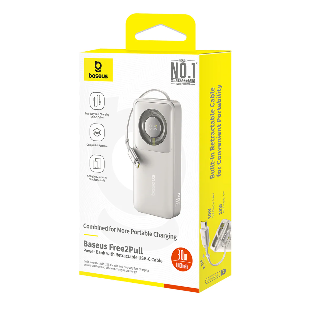 Baseus Free2Pull 10000mAh 30W powerbank med USB-C-port och utdragbar USB-C-kabel - grå, bild 4