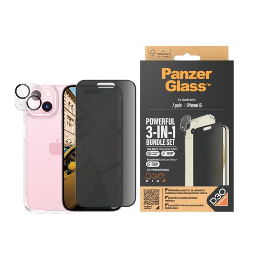 PanzerGlass - 3-i-1-paket - skyddskit skärm/objektiv/baksida för mobiltelefon - glas - med sekretessfilter - ramfärg svart - för Apple iPhone 15