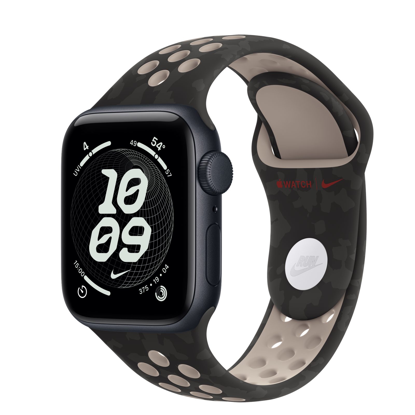 Apple Watch SE 3 (GPS) • Aluminiumboett midnatt, 40 mm • Nike-sportband i After Dark Black