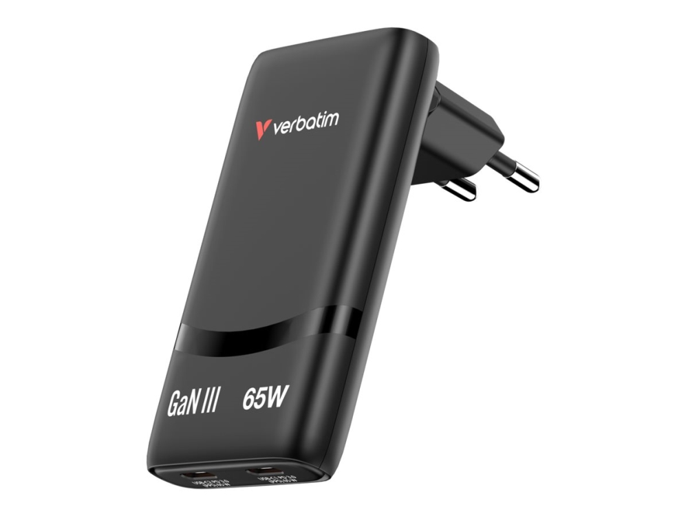 Väggladdare Verbatim Fold 'n' Go GaN Charger 65W, 2xUSB-C - Svart