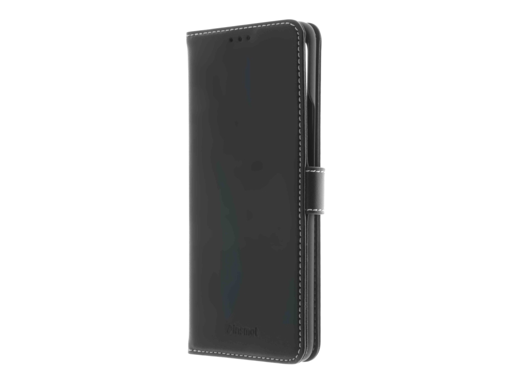 Insmat Exclusive - Vikbart fodral för mobiltelefon - genuint läder, papper, kartong, aluminiumfolie, termoplastisk polyuretan (TPU) - svart - för OnePlus 9