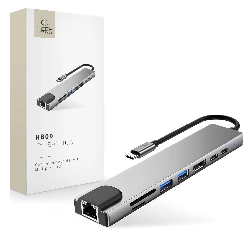Tech-Protect HB09 USB-hubb 8-i-1: USB-C/USB-A 3.0, HDMI 4K 60Hz, SD/TF, PD 100W, RJ45 – grå