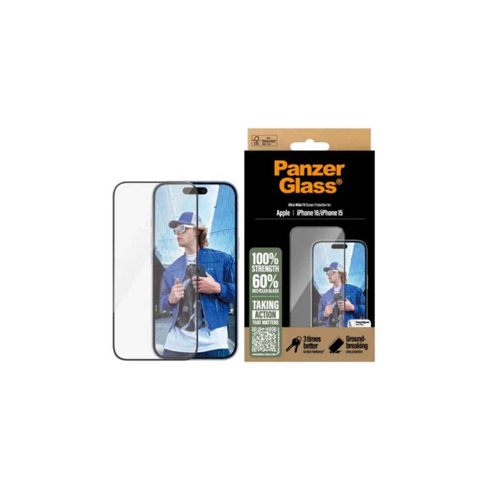 PanzerGlass iPhone 16/15 skärmskydd Ultra-Wide Fit med applikator
