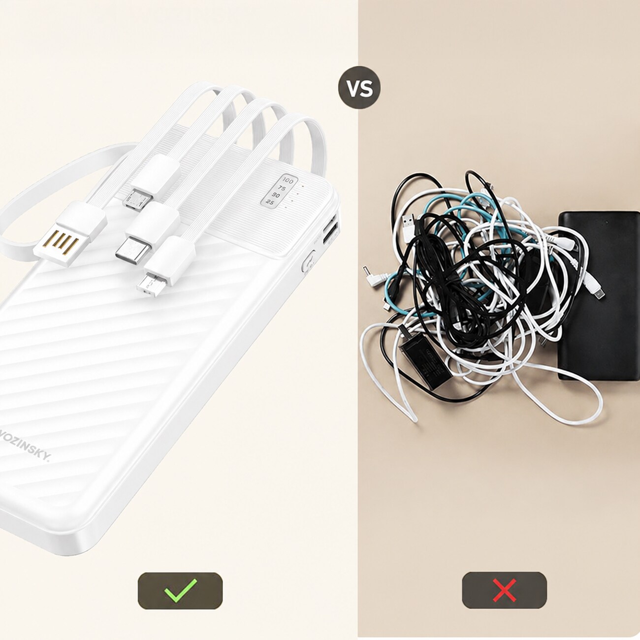 Wozinsky W11-W 10 000 mAh 10 W powerbank med inbyggda kablar och ficklampa – vit, bild 5