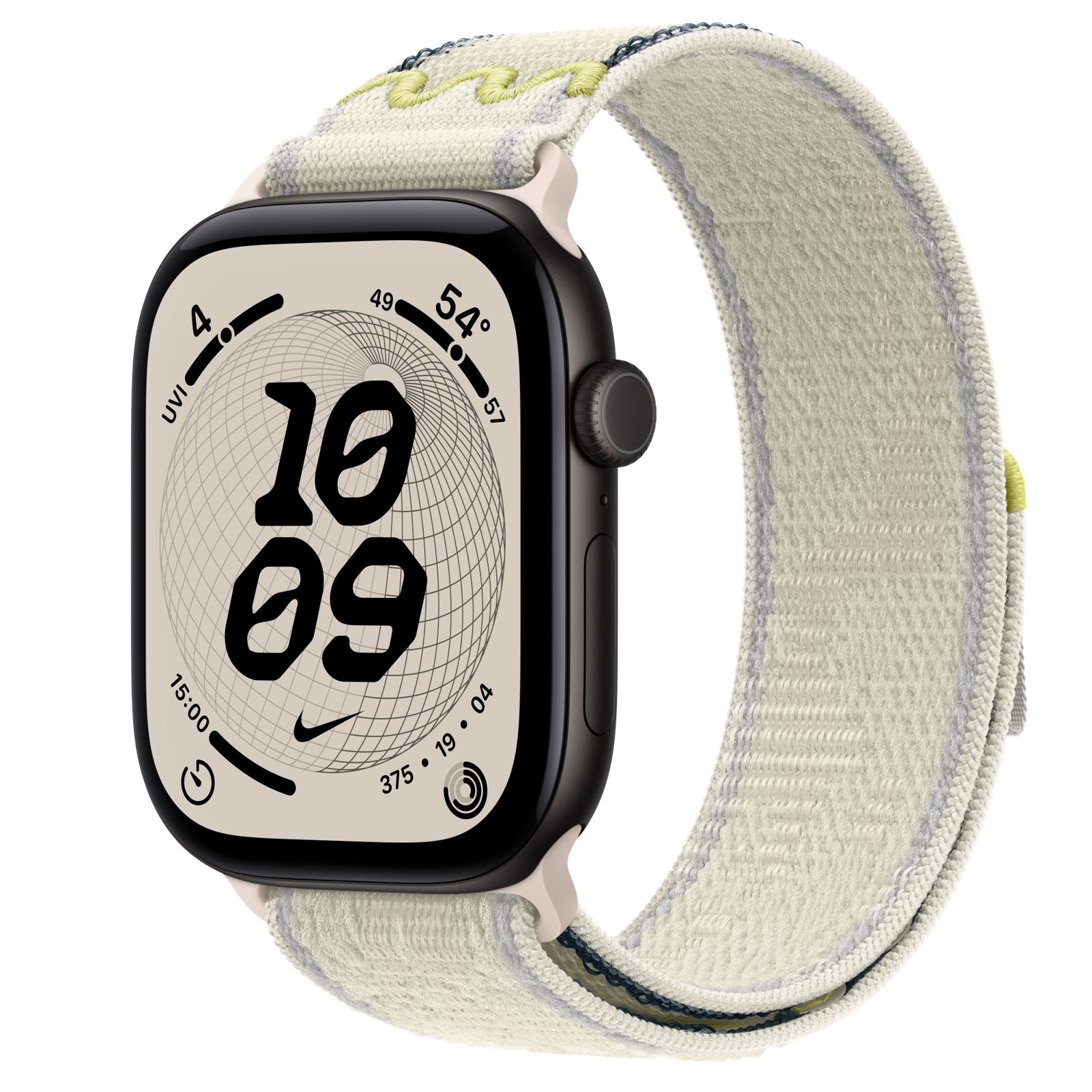 Apple Watch Series 12 (GPS) • Aluminiumboett svart, 46 mm • Nike-sportloop i Chalk Calm
