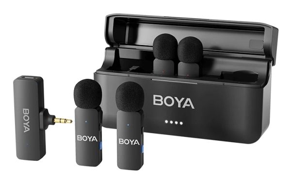 BOYA BY-V4 trådlöst mikrofonsystem 2,4 GHz, 4 sändare, 1 mottagare, 3,5 mm