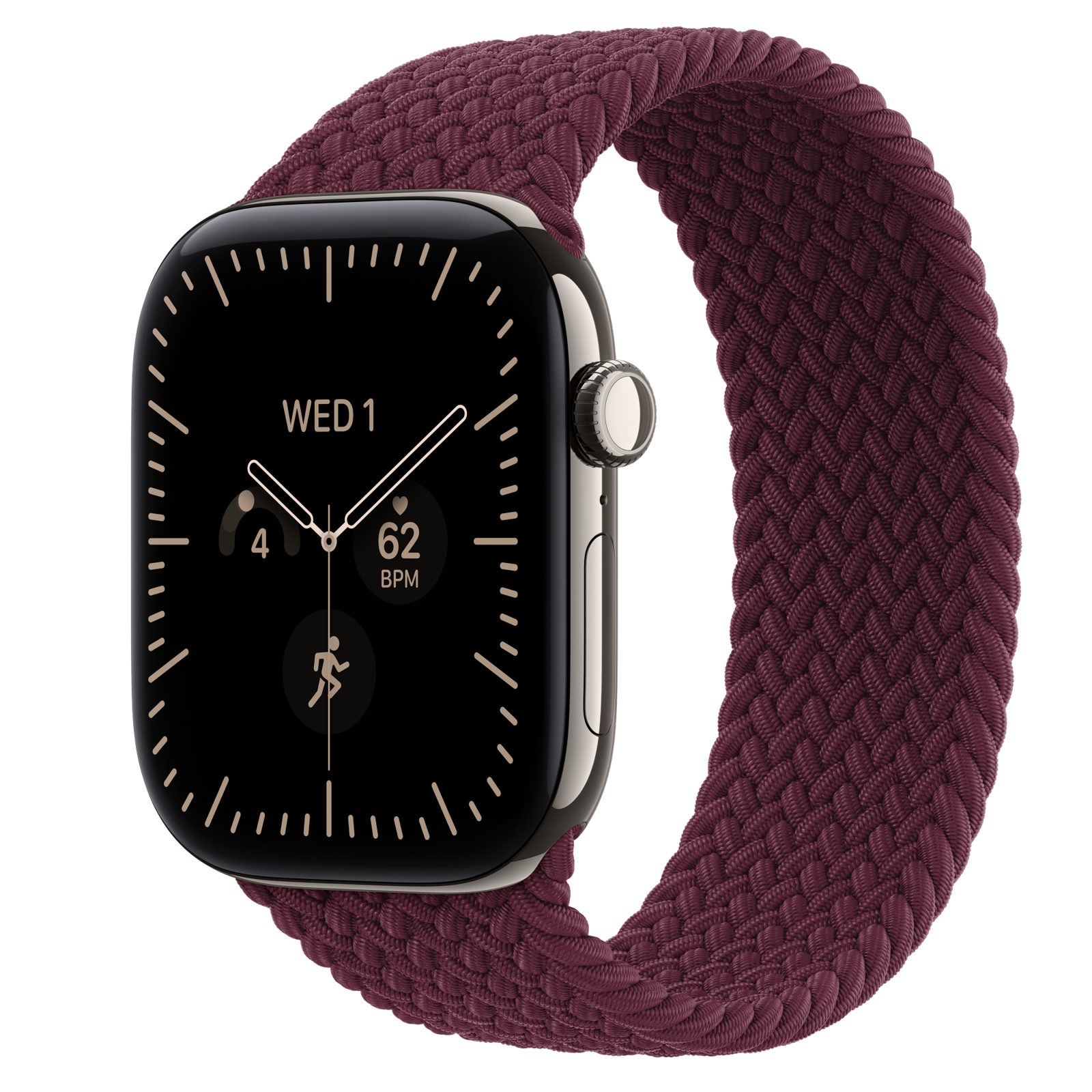 Apple Watch Series 12 (GPS + Cellular) • Titanboett naturlig, 46 mm • Flätad sololoop bourgogne