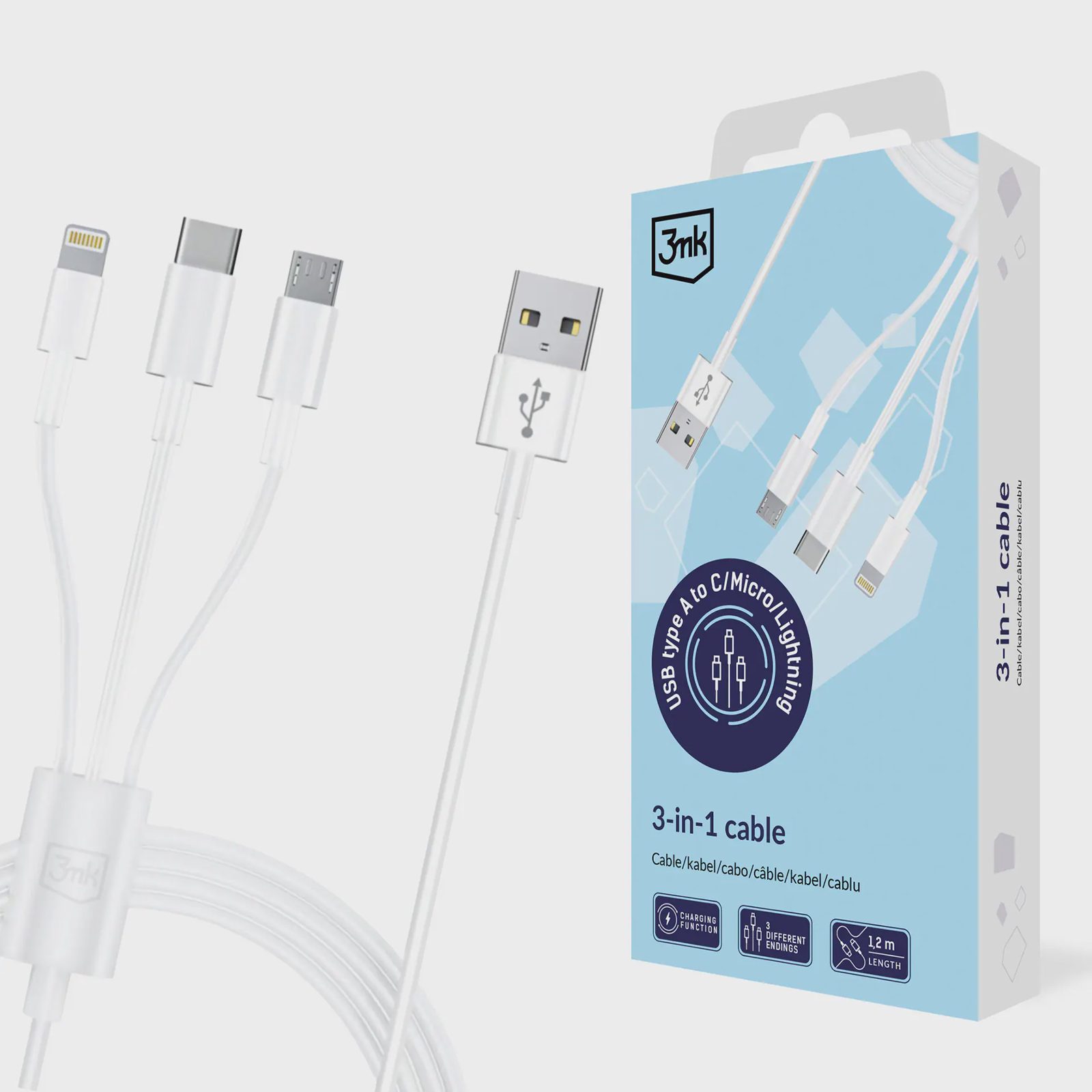 3mk-kabel 3-i-1 USB-A – micro-USB / Lightning / USB-C 1,2 m 20 V/2,4 A 15 W – vit
