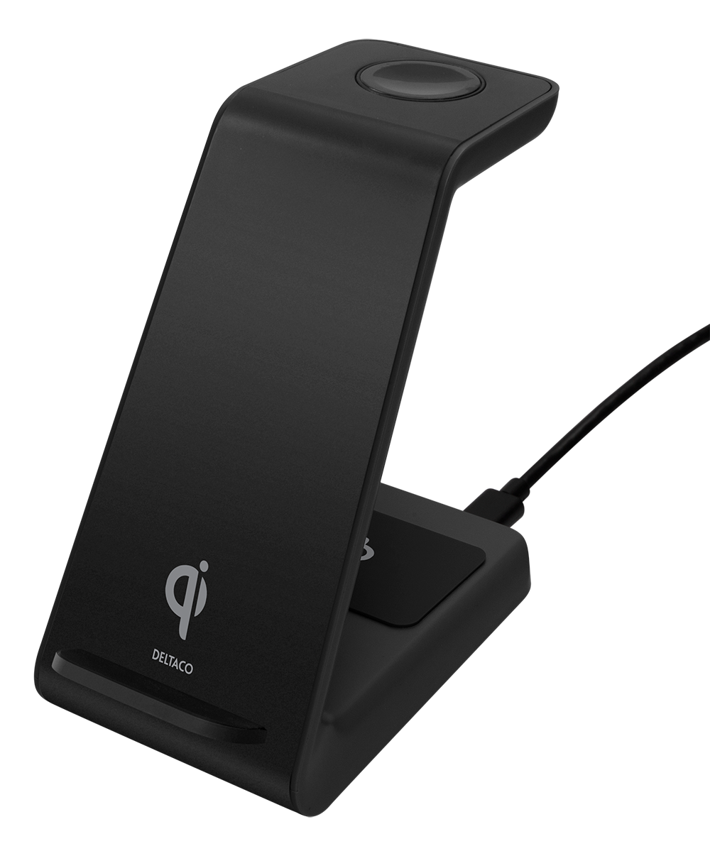 Deltaco 3-i-1 Trådlös Laddare, 15W, USB-C, Qi - Svart, bild 3