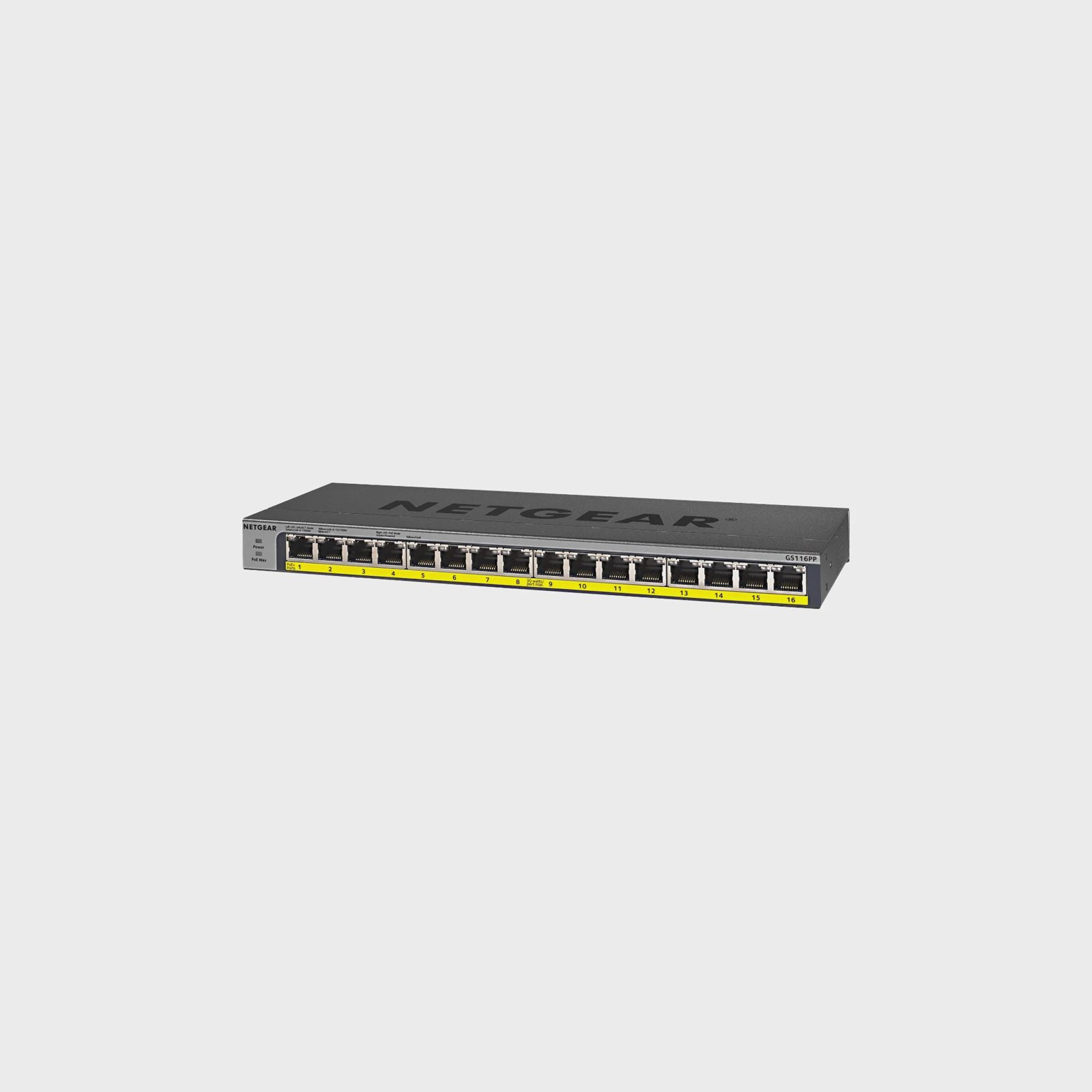 Netgear ProSafe GS116LP, 16-port Gigabit (PoE+), 76W, rackmonterbar