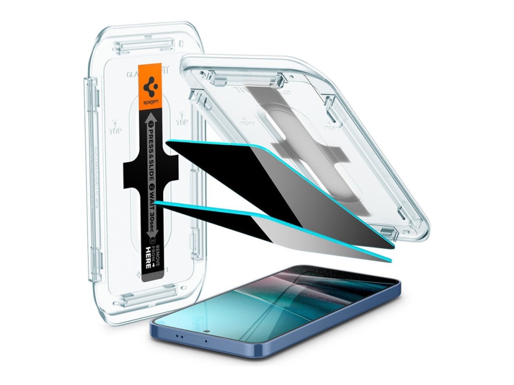 Spigen GLAS.tR HD EZ FIT - Skärmskydd för mobiltelefon - 2.5D - glas - med sekretessfilter - svart - för Samsung Galaxy S25