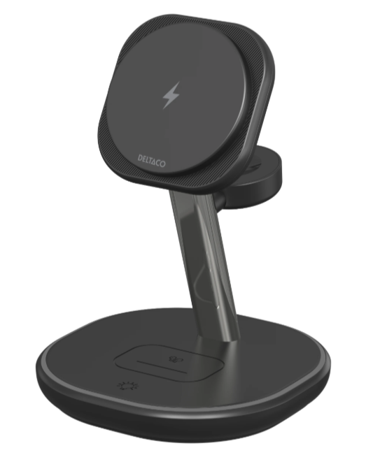 Deltaco 3-i-1 magnetiskt trådlöst laddningsställ, iPhone/TWS/Klocka, LED-ljus, inkl. USB-C laddningskabel, bild 3