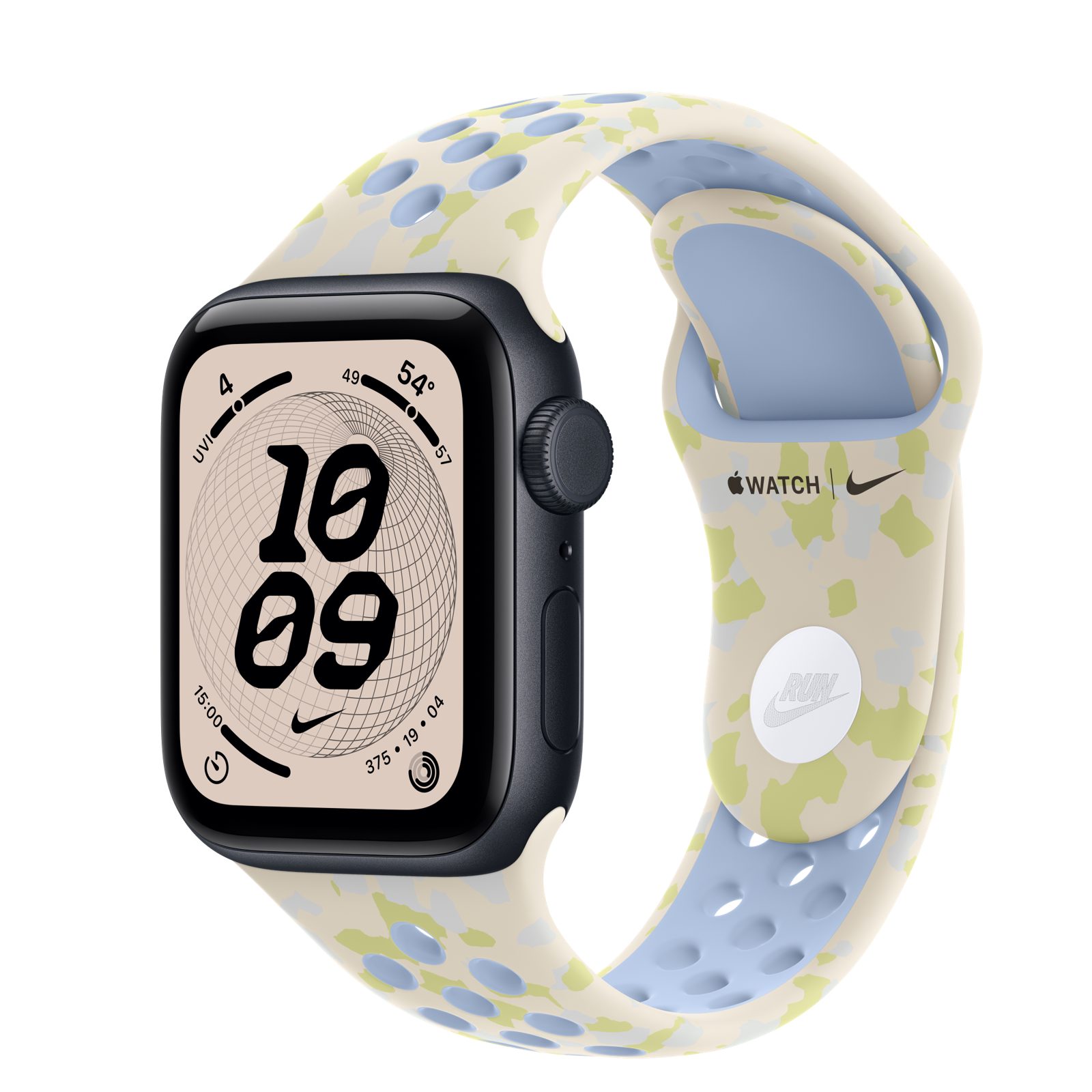 Apple Watch SE 3 (GPS + Cellular) • Aluminiumboett midnatt, 40 mm • Nike-sportband i Chalk Calm