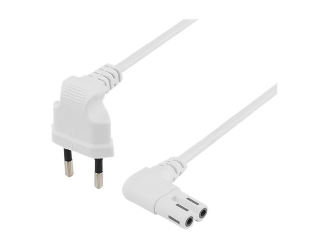 Strömkabel 2-polig apparatkabel, vinklad i båda ändarna, Deltaco CEE 7/16 IEC, 5m - Vit