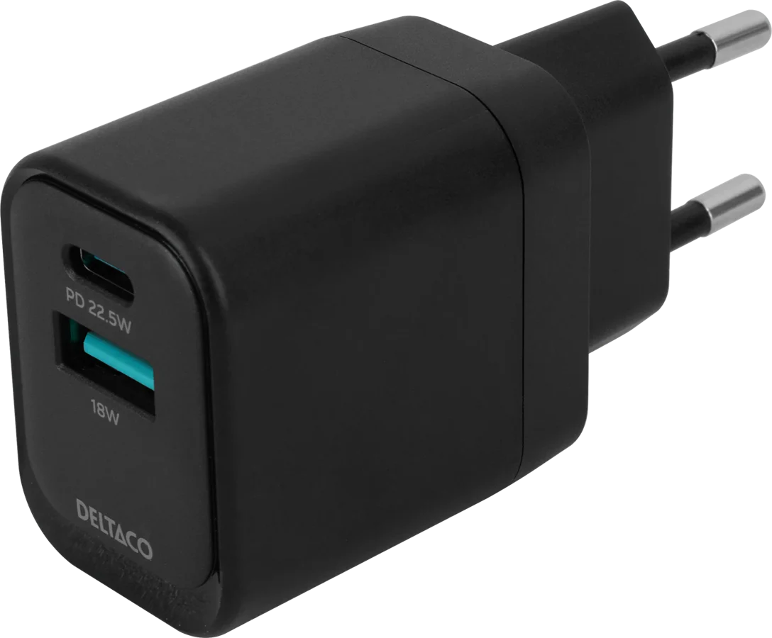 DELTACO Väggladdare 1x USB-A 18 W, 1x USB-C PD 20 W Svart