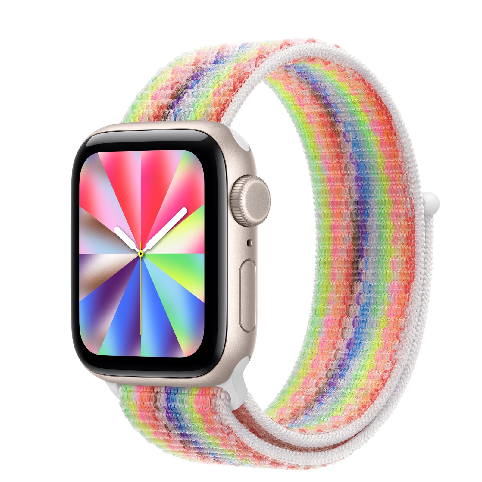 Apple Watch SE 3 (GPS + Cellular) • Aluminiumboett stjärnglans, 40 mm • Sportloop Pride Edition