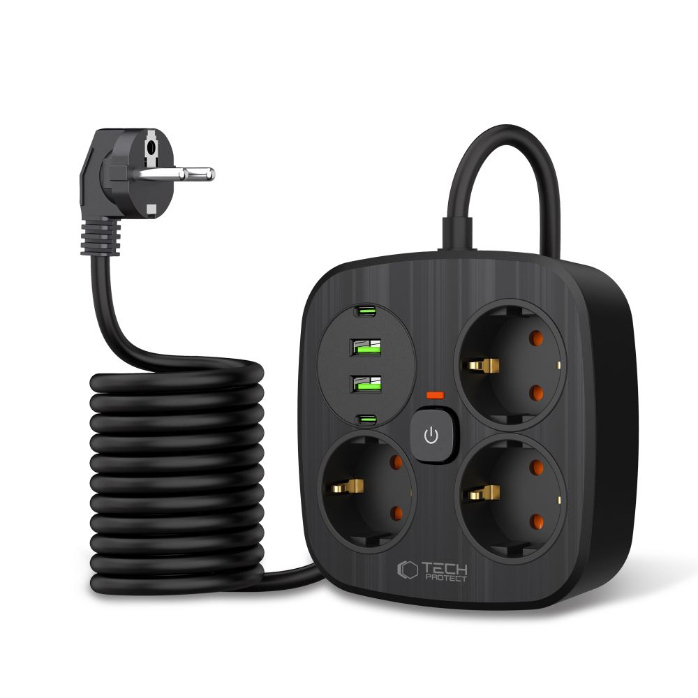 Tech-Protect PCS3X4 grenuttag, 3 uttag, 2xUSB-A, 2xUSB-C 200 cm - svart, bild 2