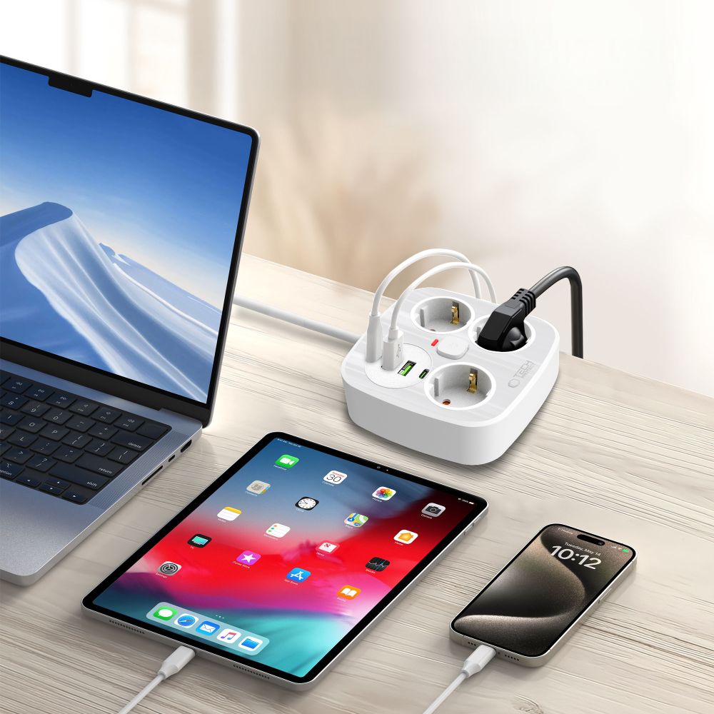 Tech-Protect PCS3X4 grenuttag, 3 uttag, 2xUSB-A, 2xUSB-C 200 cm - vit, bild 4