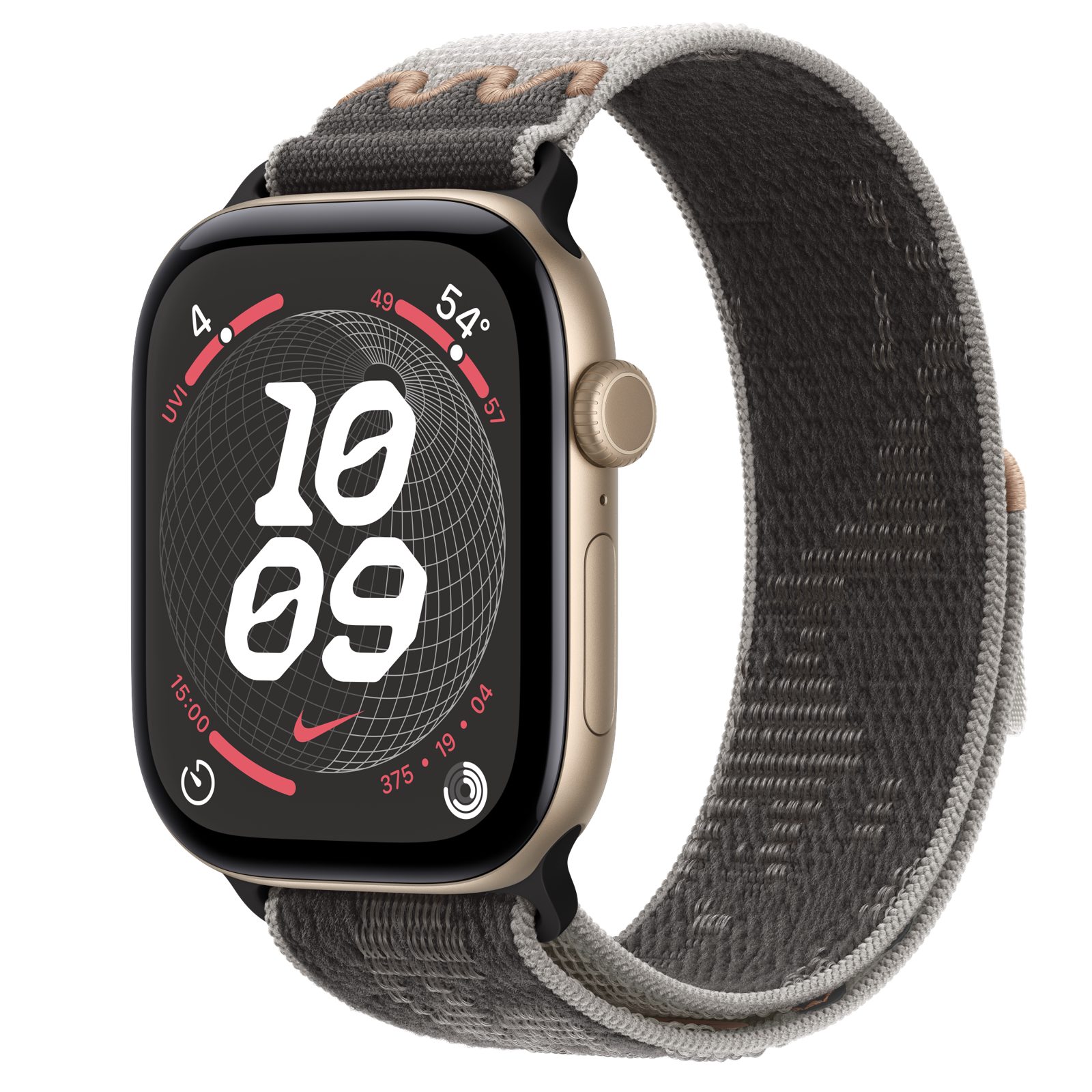 Apple Watch Series 12 (GPS + Cellular) • Aluminiumboett ljust guld, 46 mm • Nike-sportloop i Pavement Grey