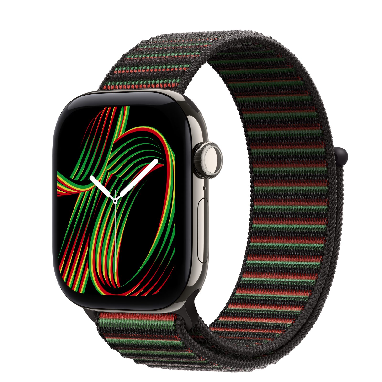 Apple Watch Series 12 (GPS + Cellular) • Titanboett naturlig, 42 mm • Sportloop Black Unity – Unity Rhythm