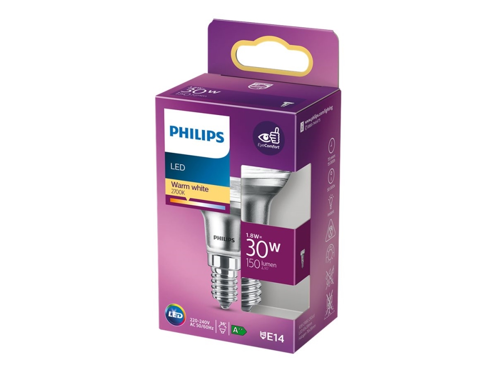 Philips - LED-spotlight - form: R39 - E14 - 1.8 W (motsvarande 30 W) - klass F - varmt vitt ljus - 2700 K