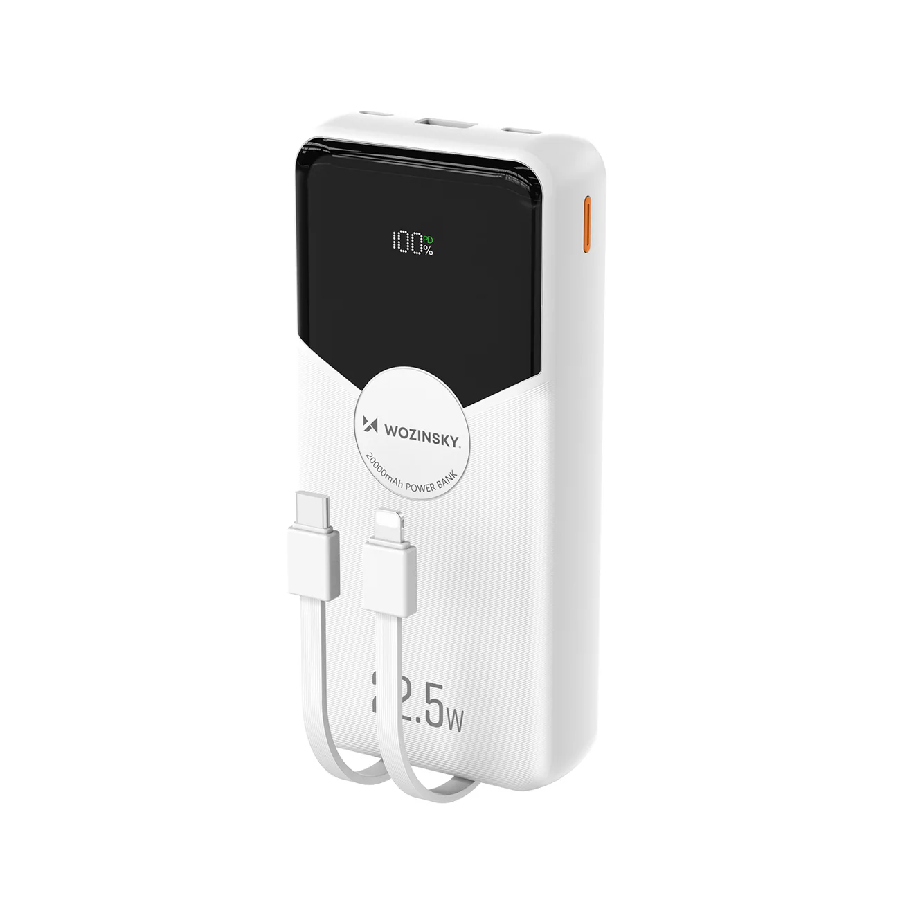 Wozinsky WFC-15W 20 000 mAh 22,5 W PD20W powerbank med inbyggda Lightning- och USB-C-kablar – vit