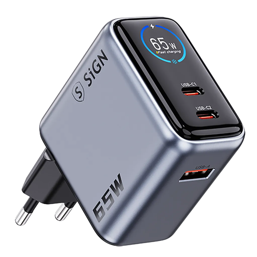 SiGN 65W Snabbladdare med Display – 2x USB-C / 1x USB-A - Grå