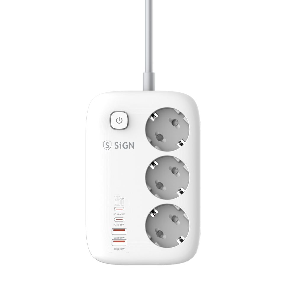 Grenuttag/laddare SiGN 65W GaN, 3-vägs, 2xUSB-A, 2xUSB-C, 2m kabel - Vit